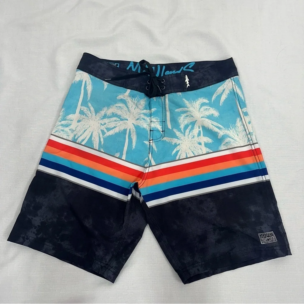 Maui and Sons Men’s Size 32 Black Shark 4 Way Stretch Palm Tree Board Shorts